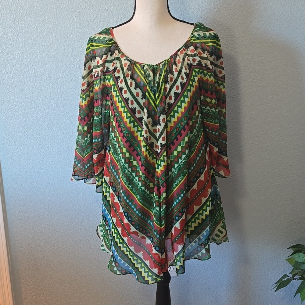BEIGE BY ECI Aztec Boho Print Sheer w/Tank Rounded Neckline Top Tunic Sz Large